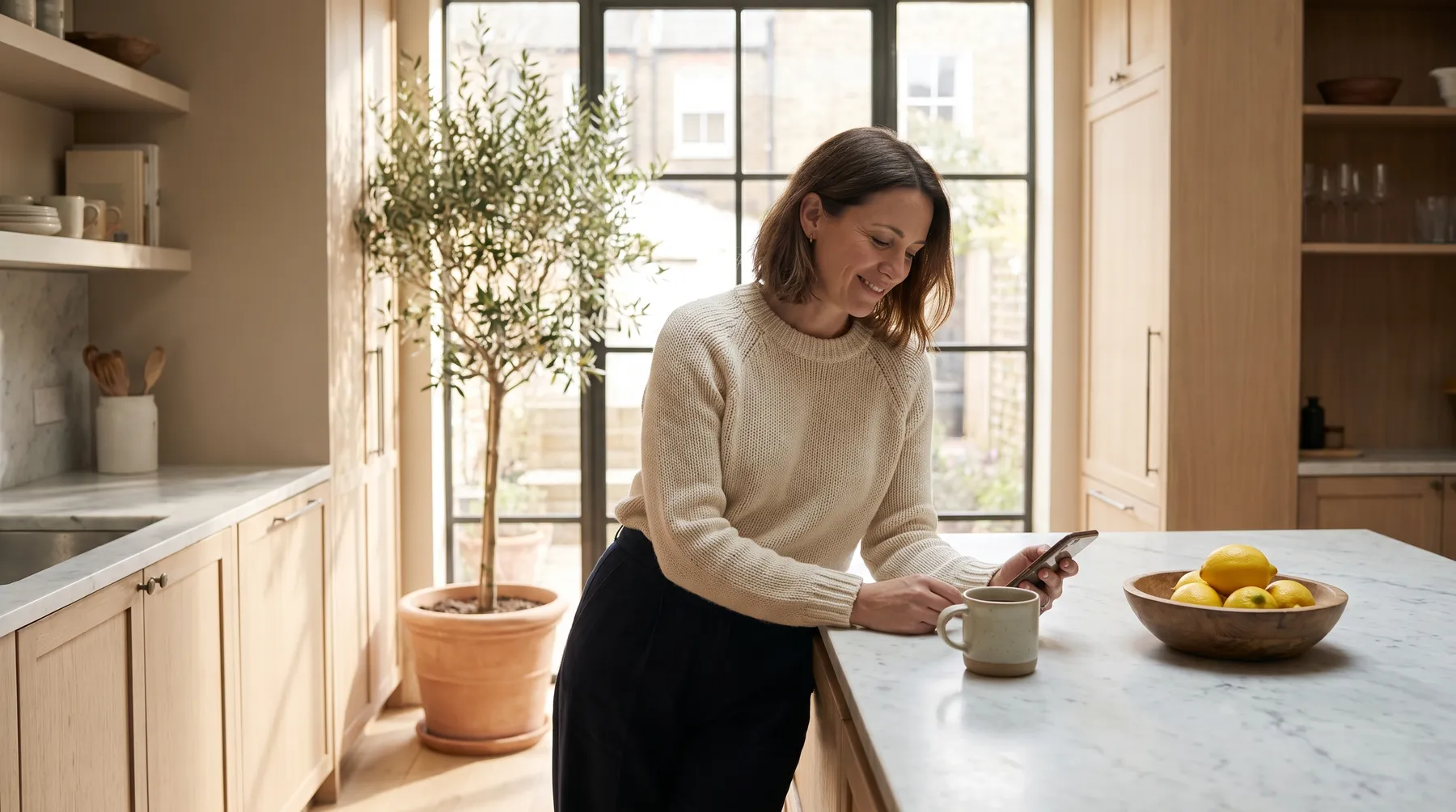 A homeowner in her kitchen glancing at her phone