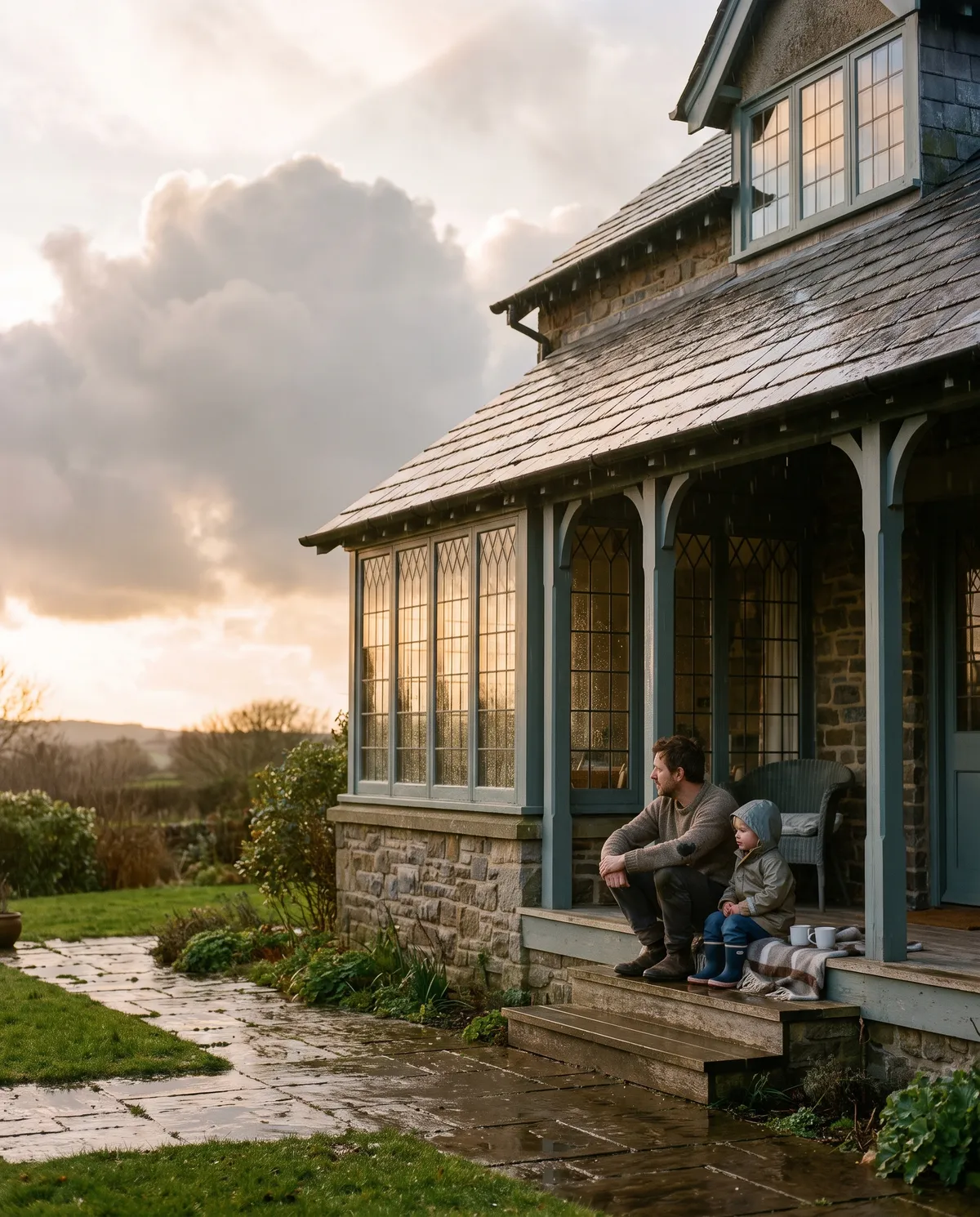 A family home under a clearing sky after a storm
