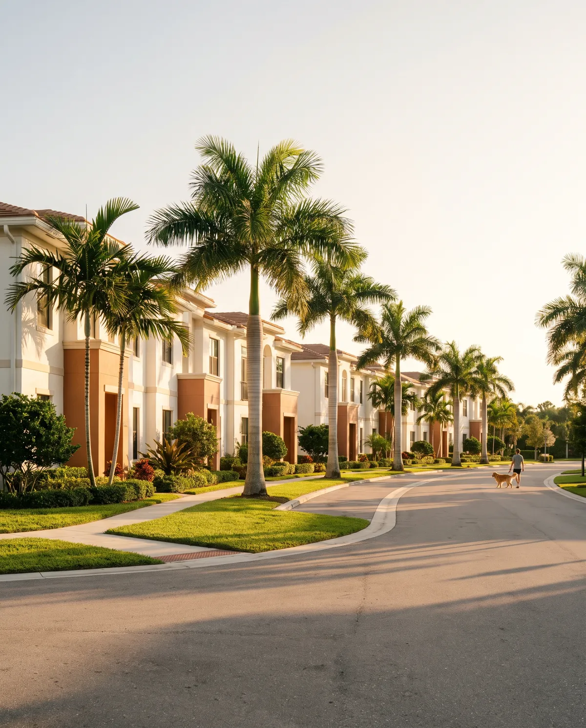 A quiet row of well-kept townhomes at golden hour