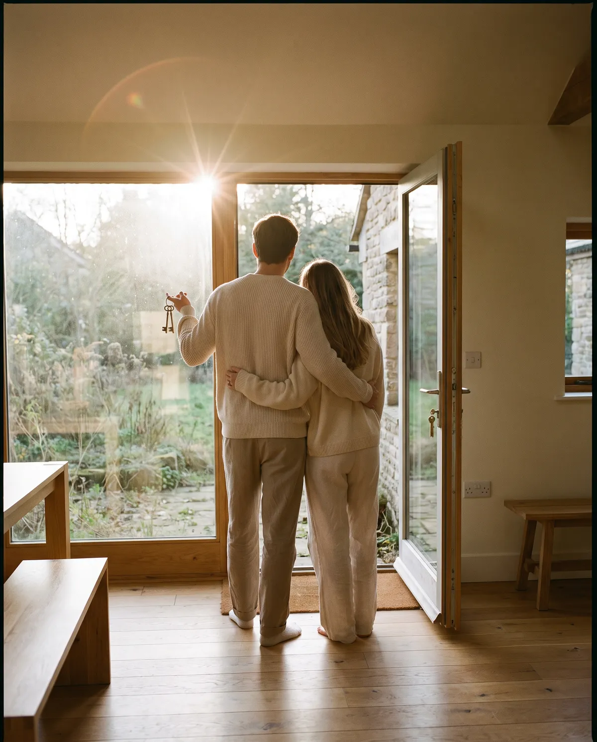 A couple standing in the doorway of their new home on closing day